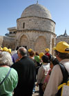 Holy Land pilgrims from the Diocese of Little Rock learn about the Chapel of the Ascension on the Mount of Olives March 21, 2011 during the Arkansas Catholic Pilgrimage to the Holy Land. Jerusalem tradition holds that Jesus ascended into heaven at this site. Photo courtesy of Arkansas Catholic. Copyright 2012. All rights reserved. This photo may not be copied or redistributed without permission from the publisher.